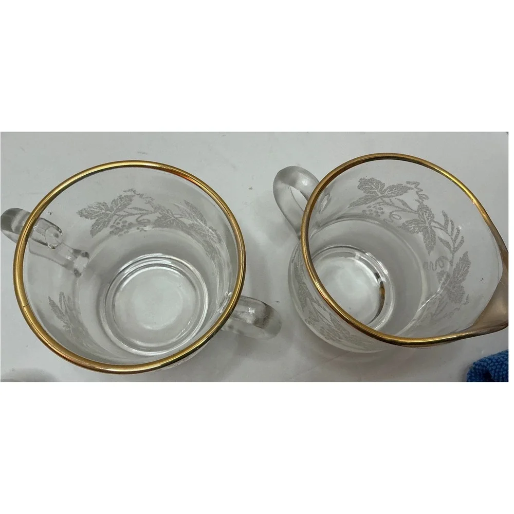 Bartlett Collins Vintage 4pc Table Set Sugar Creamer Salt Pepper Gold Trim Glass